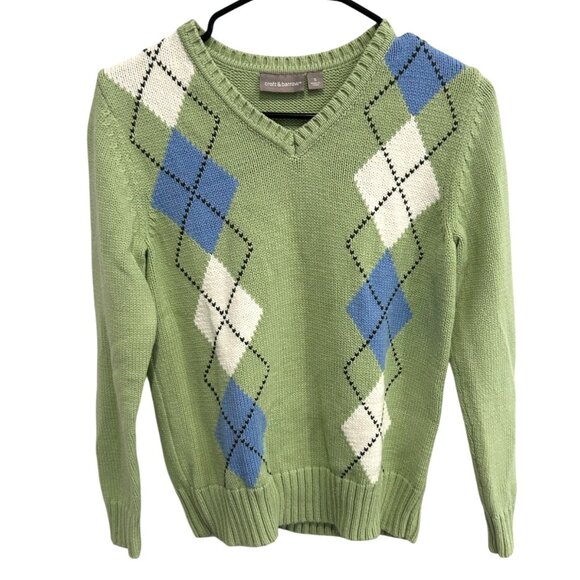 Croft & Barrow Green V Neck Argyle Sweater Cotton Sz Small - Picture 1 of 10